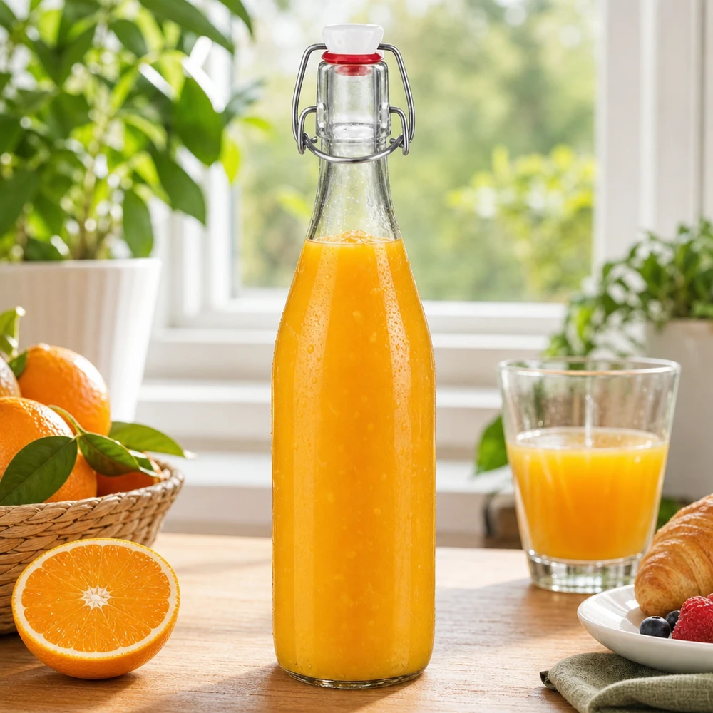 500ml glazen fles + draaidop PVC UNiTWIST 500ml Glasflasche Bügelverschluss befüllt mit frischem Orangensaft Frühstück gesunde Getränke Vintage Design