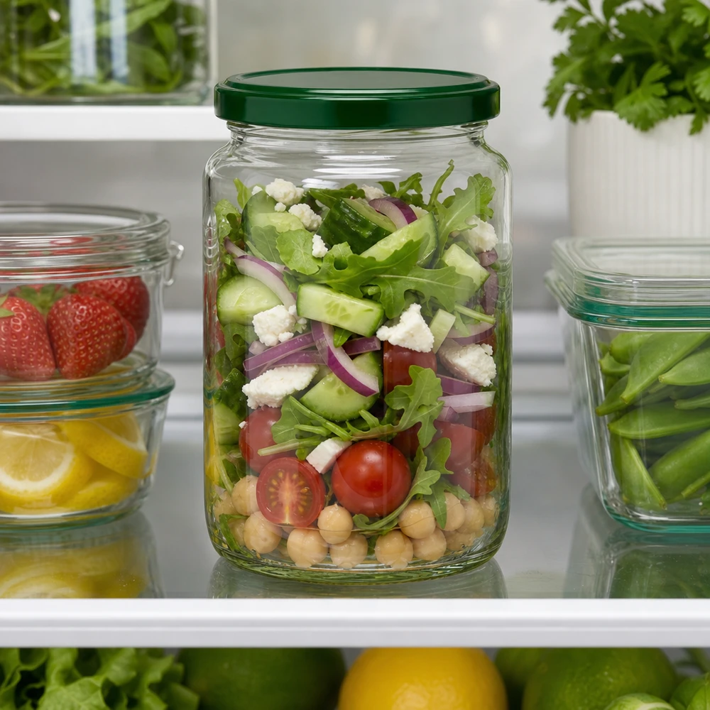 795ml rond glas met BasicSeal deksel groen UNiTWIST 795ml UNiTWIST Rundglas mit grünem Deckel gefüllt mit Salat im Kühlschrank - perfekt für Meal Prep und Vorratshaltung