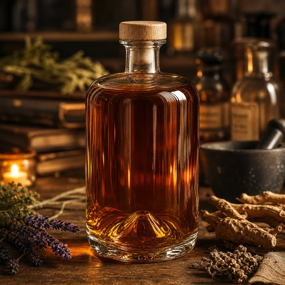 700 ml apothekersfles Sofia met houten handgreep en kurk UNiTWIST® Glasflasche Sofia 700ml mit Holzkorken in rustikaler Apotheker-Atmosphäre mit Kräutern und warmem Ambiente