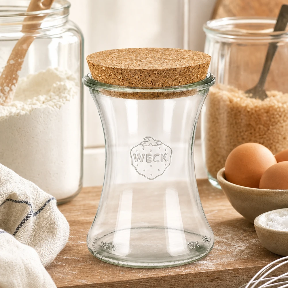 370ml delicatessenglas WECK RR80 met kurk WECK voorraadpot 370ml RR80 met kurken deksel in een rustieke keuken tussen bloempotten, eieren en bakingrediënten