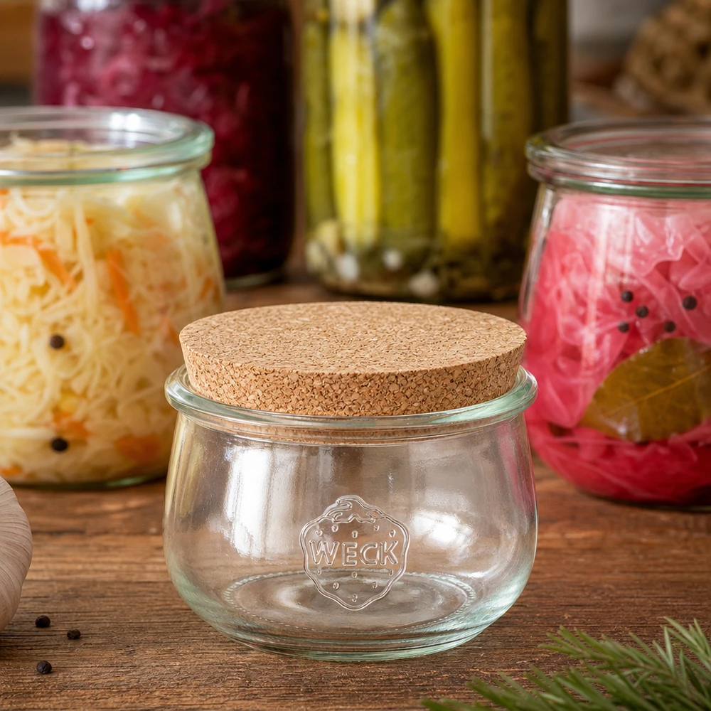 WECK tulpenpot RR100 580ml met natuurkurk tussen gefermenteerde groentepotten en ingemaakte komkommer decoratie