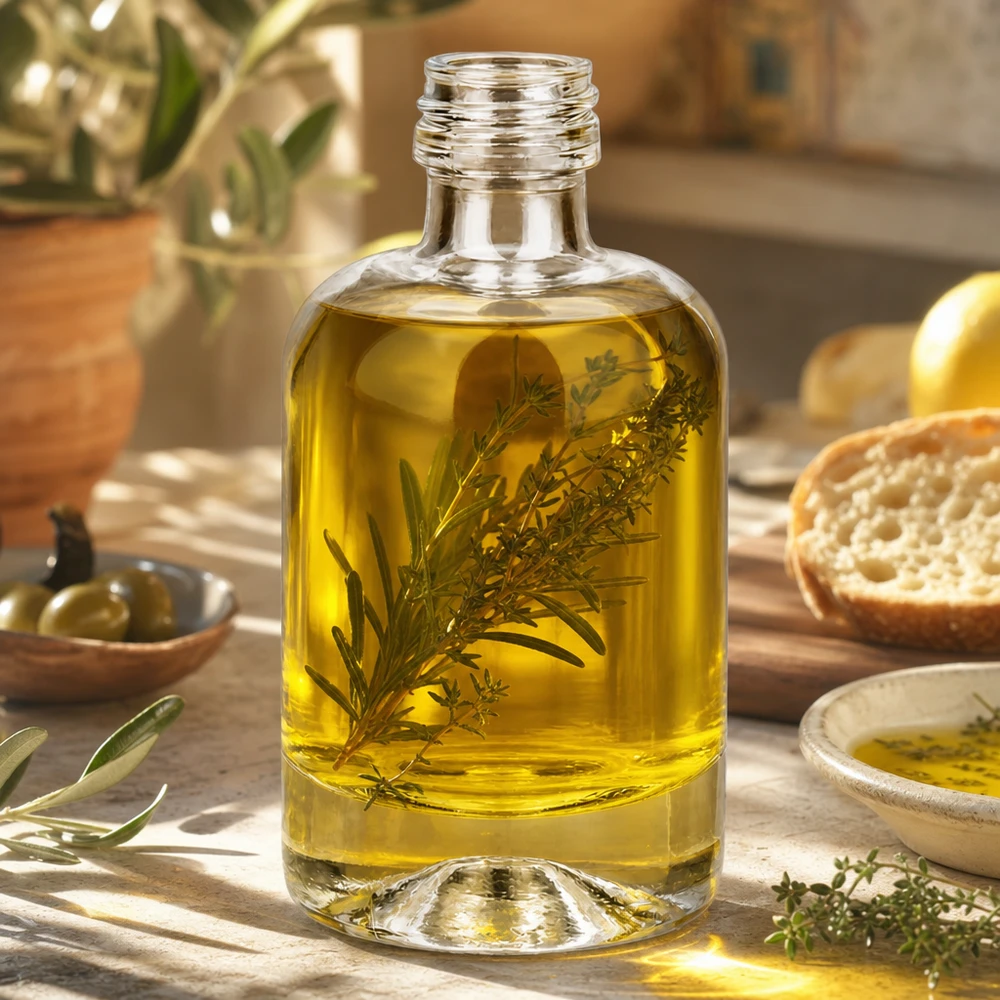 40 ml glazen fles Sara zonder schroefdop UNiTWIST® 40ml glazen fles Sara gevuld met kruidenolie als toepassingsvoorbeeld voor cosmetica en aromatherapie