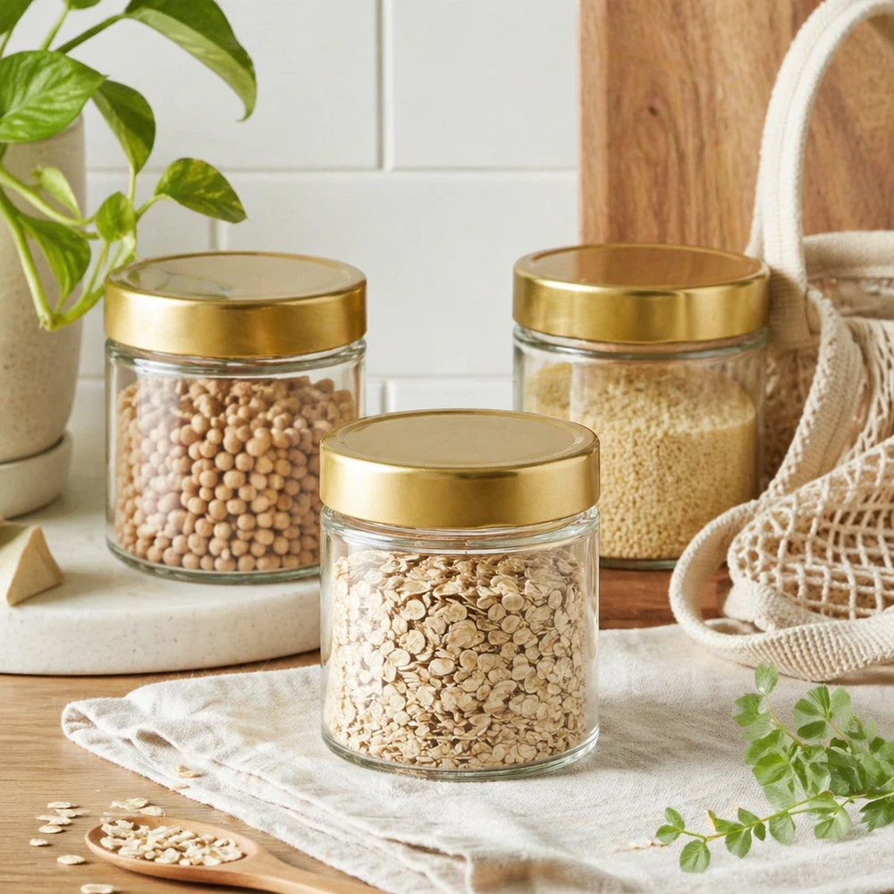 154ml rond glas met BasicSeal deksel goud deep UNiTWIST 154ml Rundglas BasicSeal gold Vorratsdosen Set Haferflocken Kichererbsen Quinoa nachhaltige Küchen Aufbewahrung