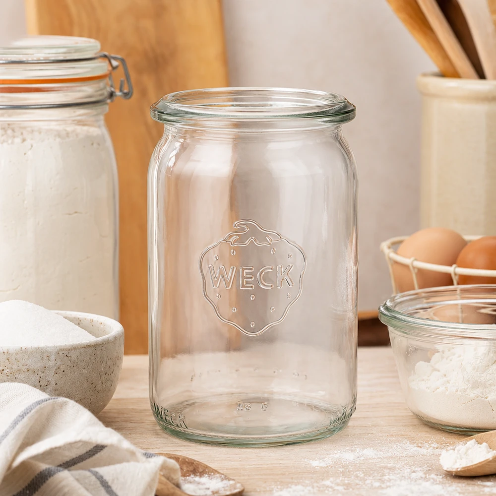 WECK RR40 cilinderpot 145ml sfeervol opgesteld in een moderne keuken tussen voorraadpotten met bloem en eieren