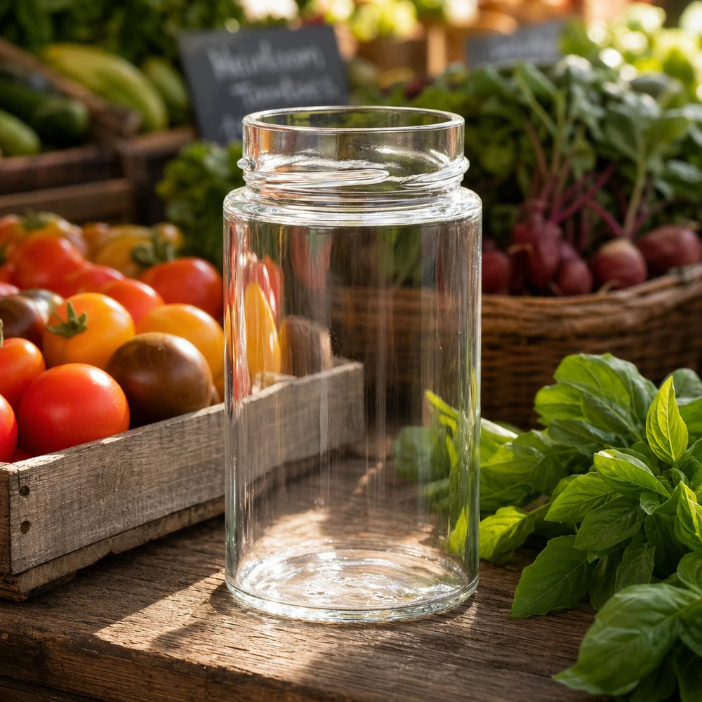 UNiTWIST Runda245 ronde pot 245ml TO58deep inmaakpot transparant op houten tafel met verse tomaten en kruiden