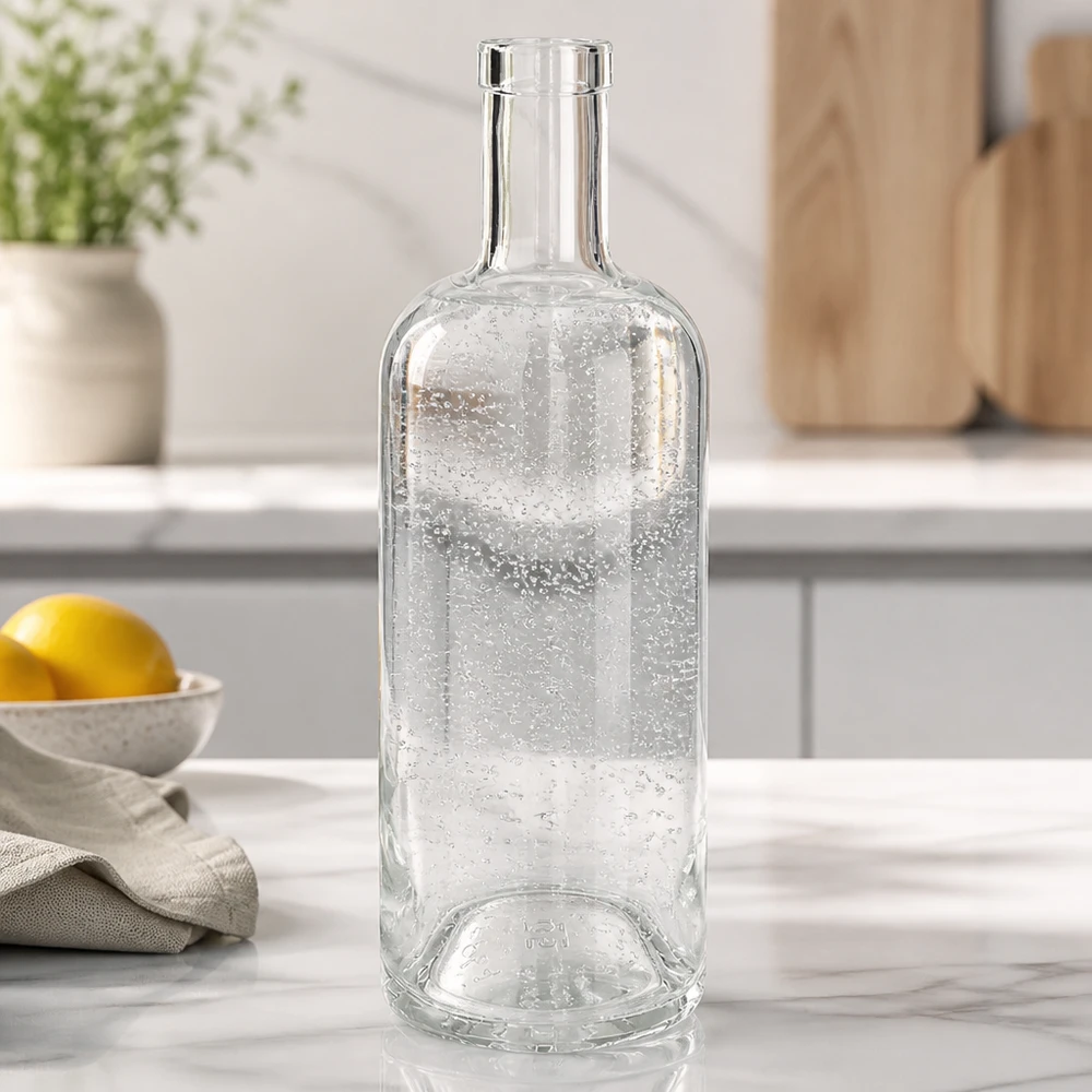 750 ml glazen fles Emma zonder sluiting UNiTWIST® 750ml glazen fles Emma leeg in witte keuken op marmeren blad met citroen en theedoek als decoratie