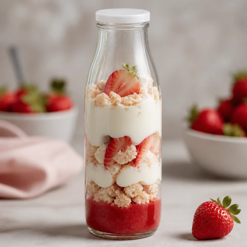 500ml fles met BasicSeal deksel wit UNiTWIST 500 ml glazen fles met wit BasicSeal deksel als dessertpot gevuld met aardbeien, slagroom en hagelslag