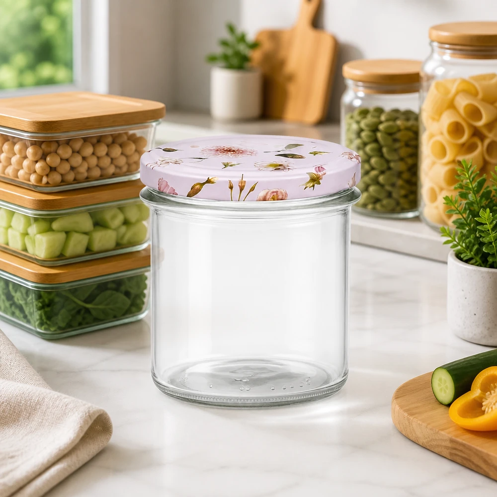 Glazen van 350 ml + BasicSeal-deksel met roze bloem UNiTWIST Lege 350 ml metselpot met roze bloemdeksel tussen voorraadbakjes op keukenblad Lege metselpot