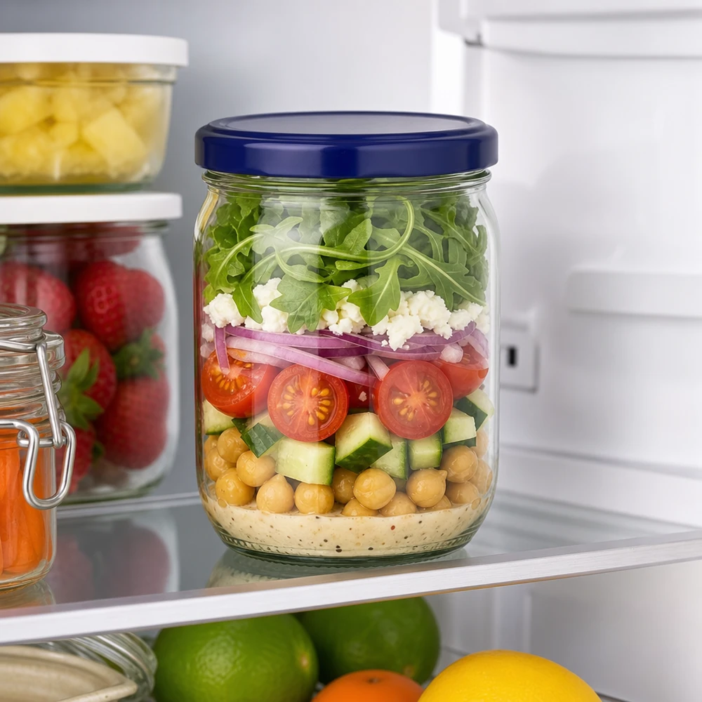 425ml rond glas met BasicSeal deksel blauw UNiTWIST 425ml Rundglas mit blauem BasicSeal Deckel als Meal-Prep Salatglas im Kühlschrank - geschichteter Salat mit Kichererbsen