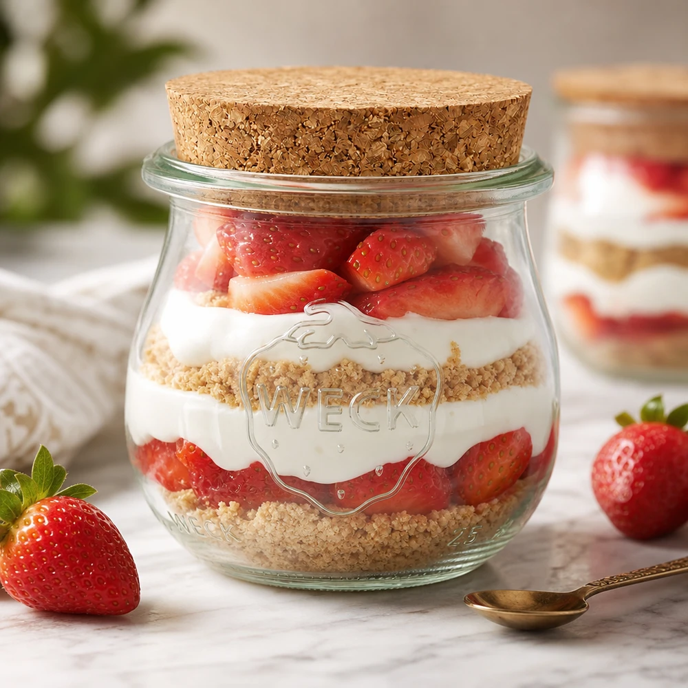 WECK tulp pot 75ml RR40 als dessert pot met aardbeien en room gelaagde kurk deksel dessert in een pot
