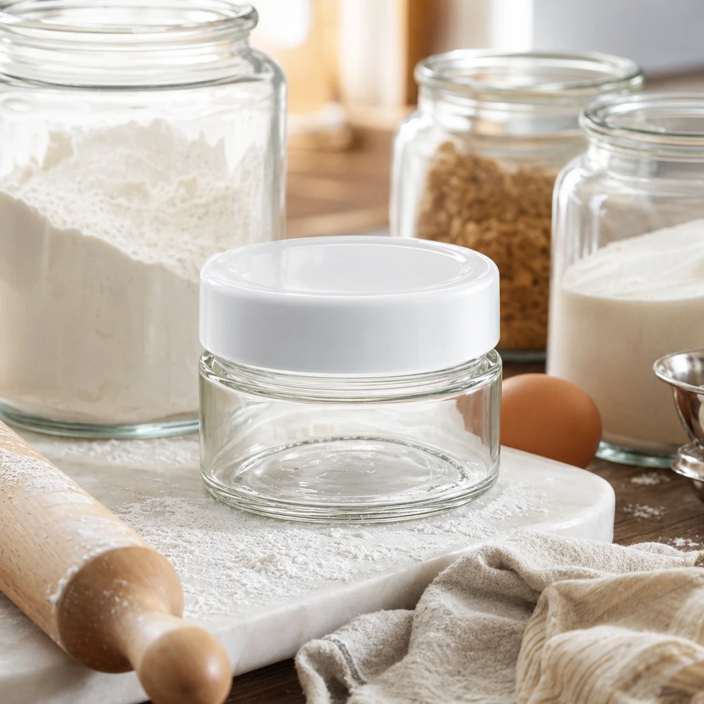 80ml rond glas met BasicSeal deksel wit deep UNiTWIST 80 ml ronde pot met BasicSeal deksel in keuken met bakingrediënten - veelzijdige glazen pot voor voedsel
