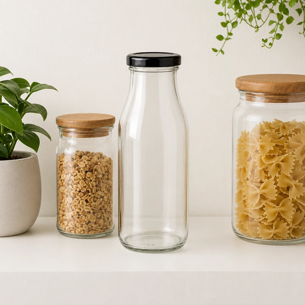 263ml fles met BasicSeal deksel zwart UNiTWIST Lege glazen fles van 263 ml met zwart BasicSeal deksel geplaatst tussen voorraadpotten met pasta en granen