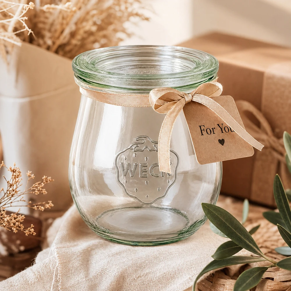 Tulpenpot van 220 ml met glazen deksel WECK RR60 WECK tulp pot 220ml RR60 als een geschenk versierd met een beige strik en For You tag in een natuurlijke sfeer