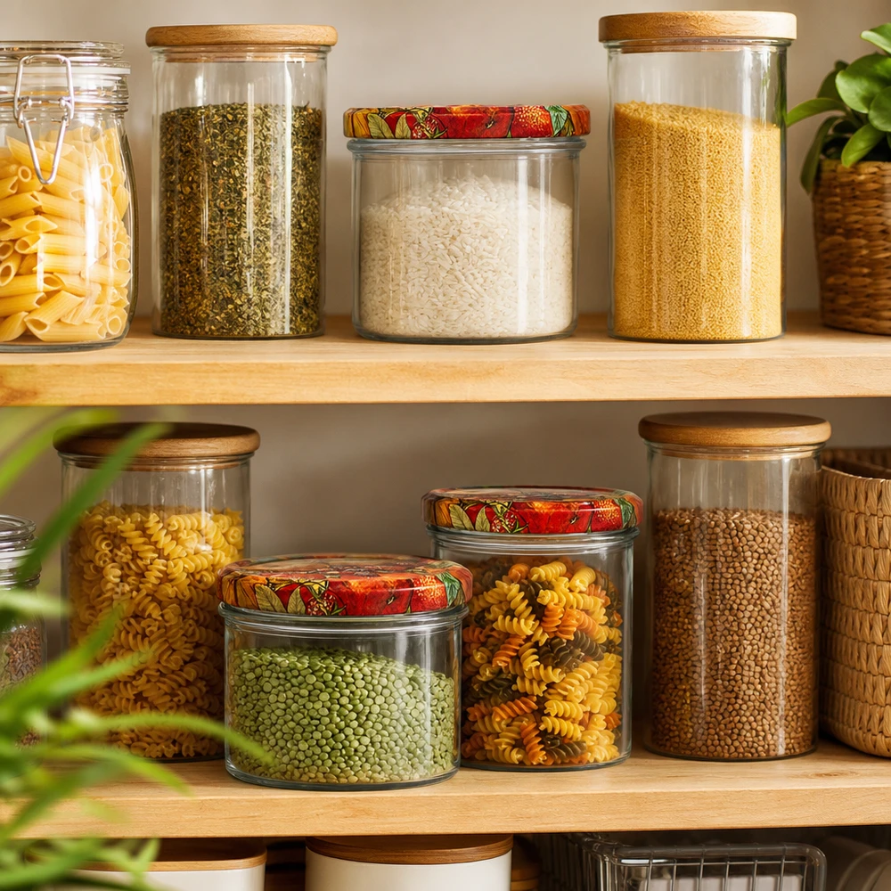 225ml bekers met BasicSeal deksel Fruit decor UNiTWIST Georganiseerde opslag met 225 ml bekers Fruit decor, gevuld met pasta, rijst en peulvruchten op de plank