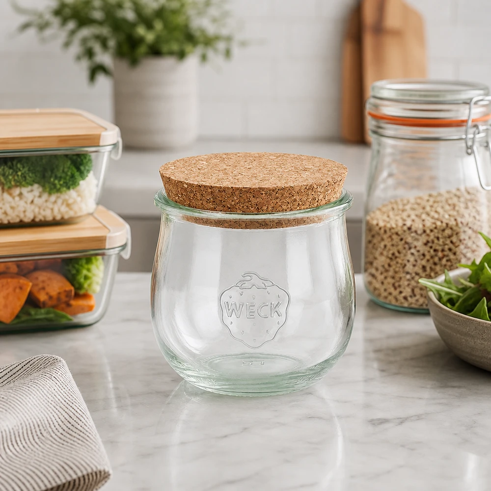 370ml tulpenglas WECK RR80 met kurk WECK tulpenpot 370ml RR80 kurkdeksel in een moderne keuken naast voorraadpotten en maaltijdcontainers op marmer