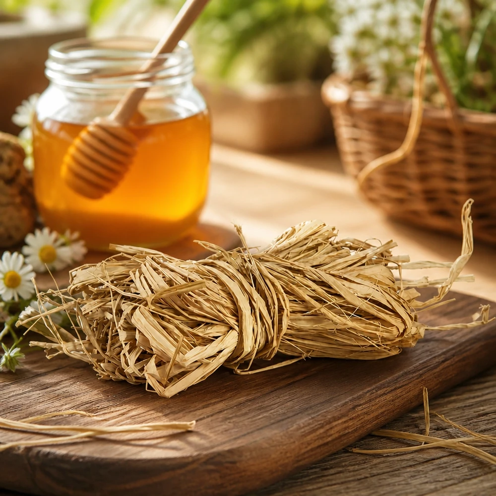 Natuurlijk raffia voor decoratie 30 g Natuurlijke raffia 30g op houten plank met honing en bloemen rustieke decoratie voor natuurlijke knutselprojecten en cadeauverpakking