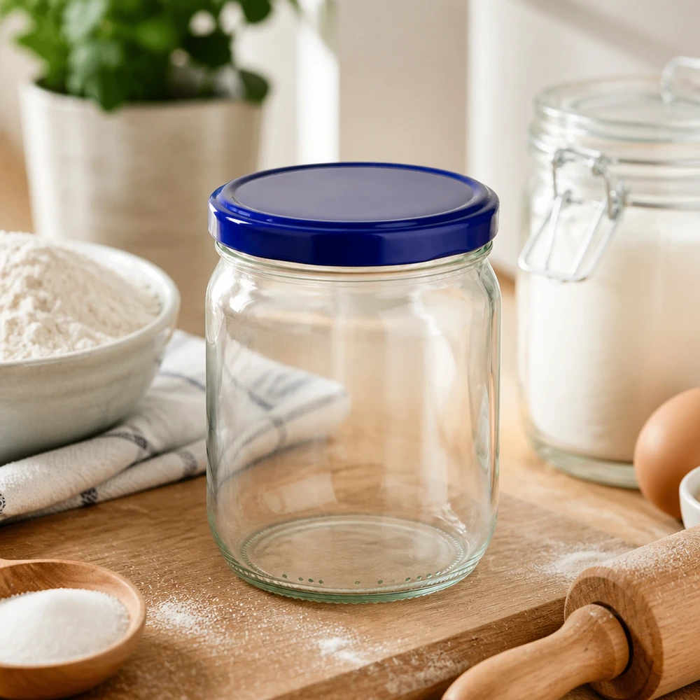 425ml rond glas met BasicSeal deksel blauw UNiTWIST 425ml ronde pot met blauw BasicSeal deksel in keuken tussen bloem, eieren en keukengerei - lege voorraadpot