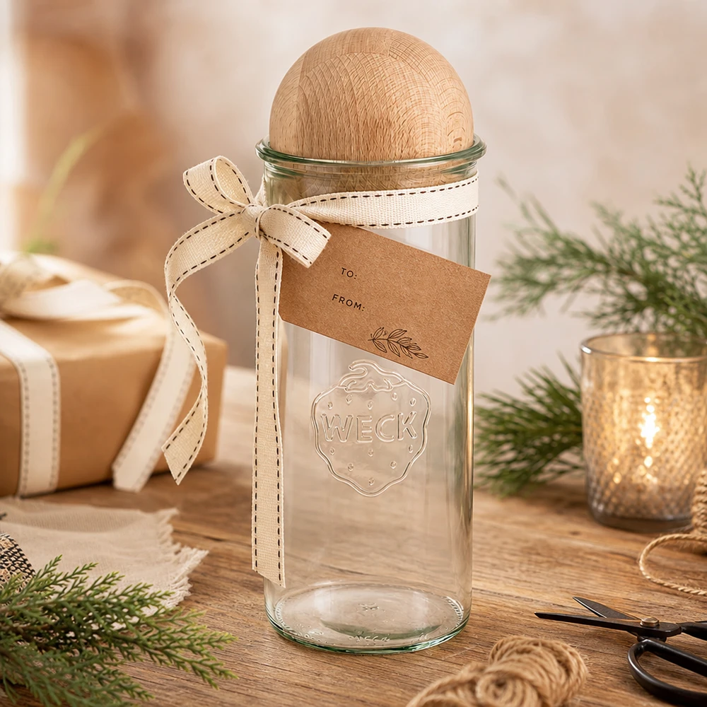 1500ml stortglas WECK RR100 met houten bal WECK 1500ml RR100 bekers als geschenkverpakking versierd met beukenhouten bol, cadeaulint en label