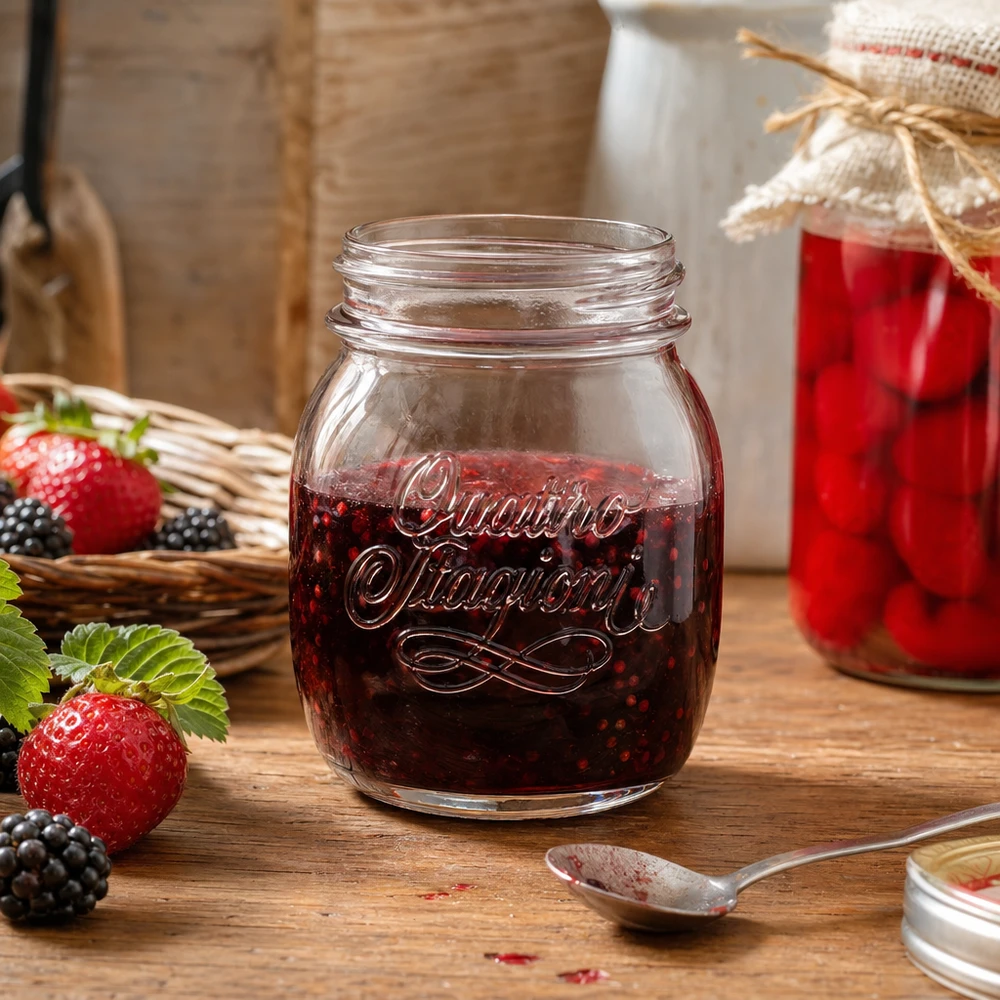 700 ml Quattro Stagioni huishoudpot gevuld met bessenjam op een houten tafel met verse aardbeien en bramen