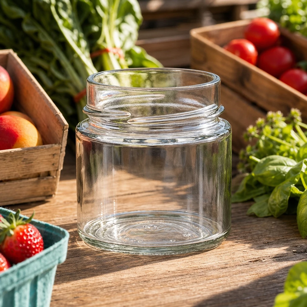 135ml rond glas zonder deksel (TO58deep) UNiTWIST UNiTWIST Runda135 ronde pot 135ml TO58deep inmaakpot op houten tafel met vers fruit en groenten