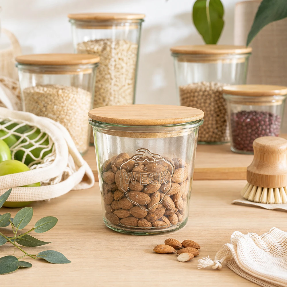 WECK 580 ml metselpot met houten deksel als voorraadpot voor noten in duurzame keukenorganisatie