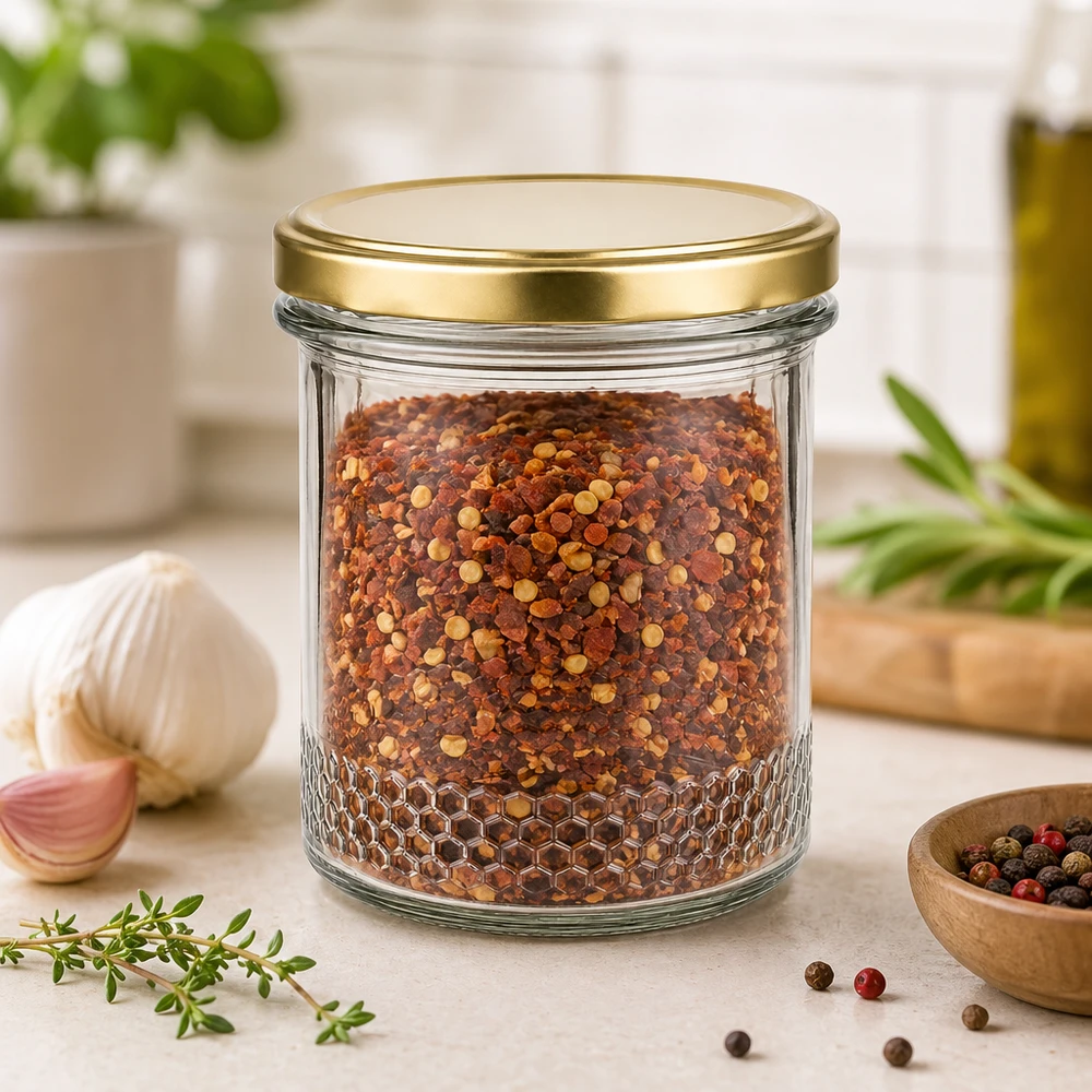 Honingpot 560 g met gouden BasicSeal UNiTWIST-deksel 400 ml honingpotje met BasicSeal deksel goud UNiTWIST als kruidenpotje voor chilivlokken in een keukensfeer