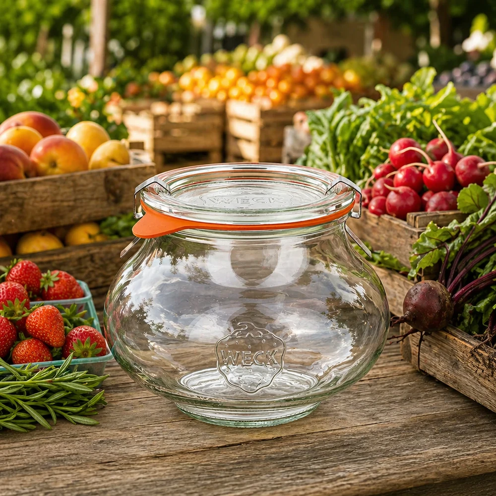 560 ml sierglas, compleet WECK RR80 WECK juwelenpot 560ml RR80 op houten tafel tussen vers fruit en groenten, natuurlijk markttafereel met inmaakpot