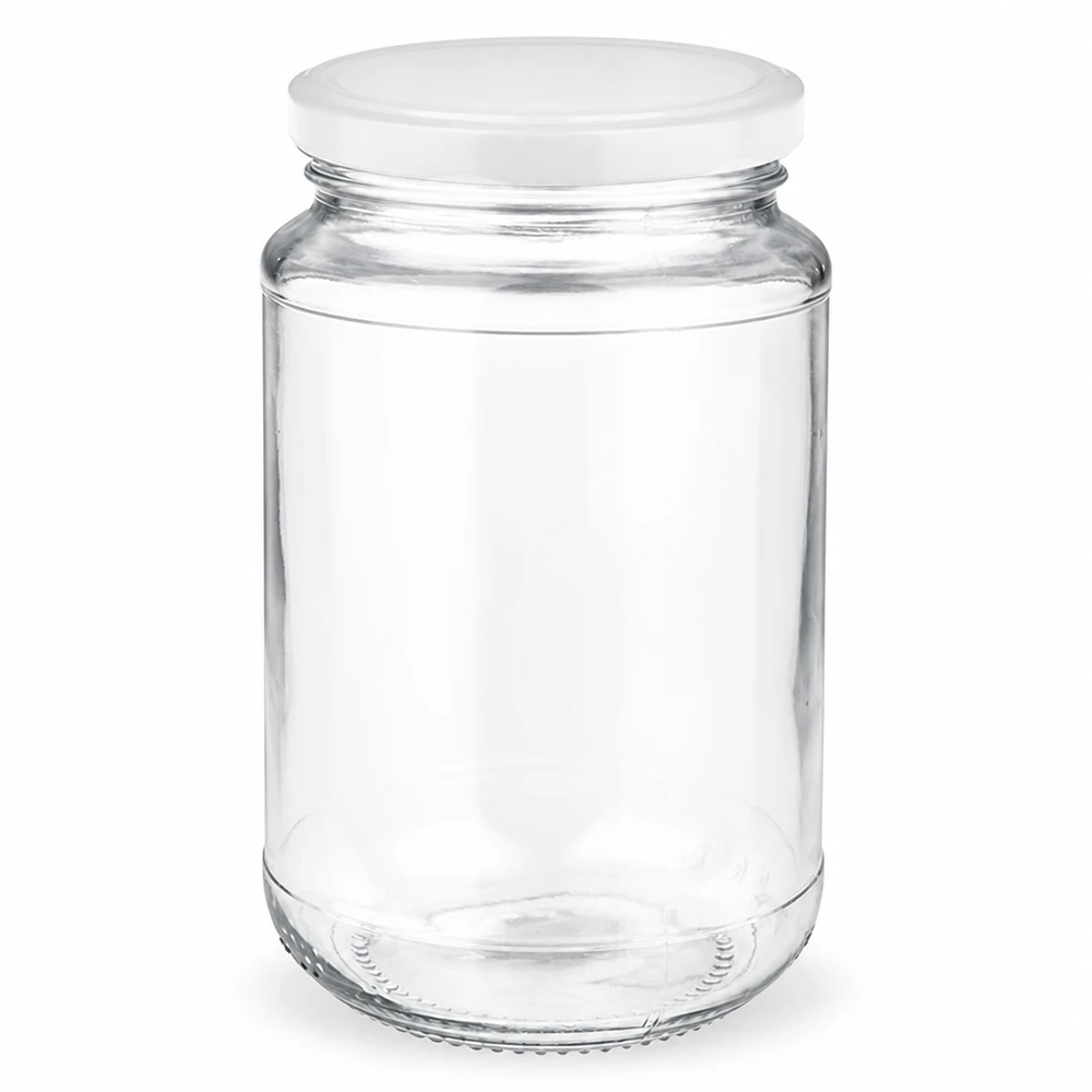 UNiTWIST 320 ml rond glas, helder glas met witte BasicSeal-draaidop, zijaanzicht