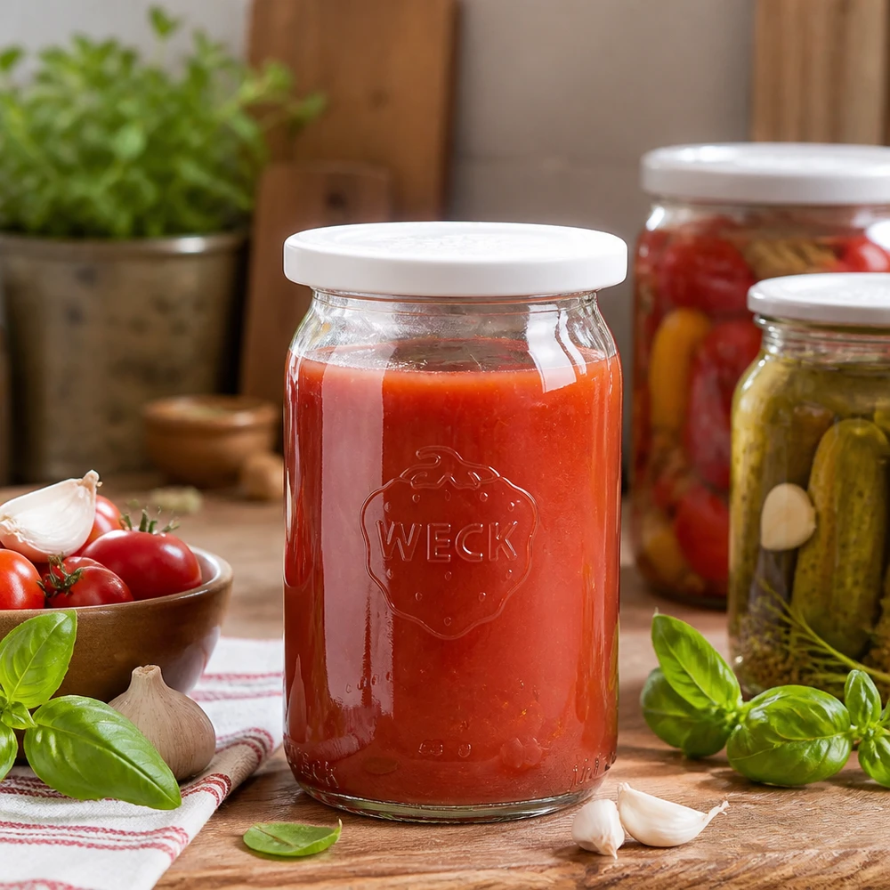 145ml cilinderglas met vershouddeksel WECK RR40 WECK RR40 inmaakpot 145ml gevuld met rode tomatensaus in rustieke keuken met verse kruiden en groenten