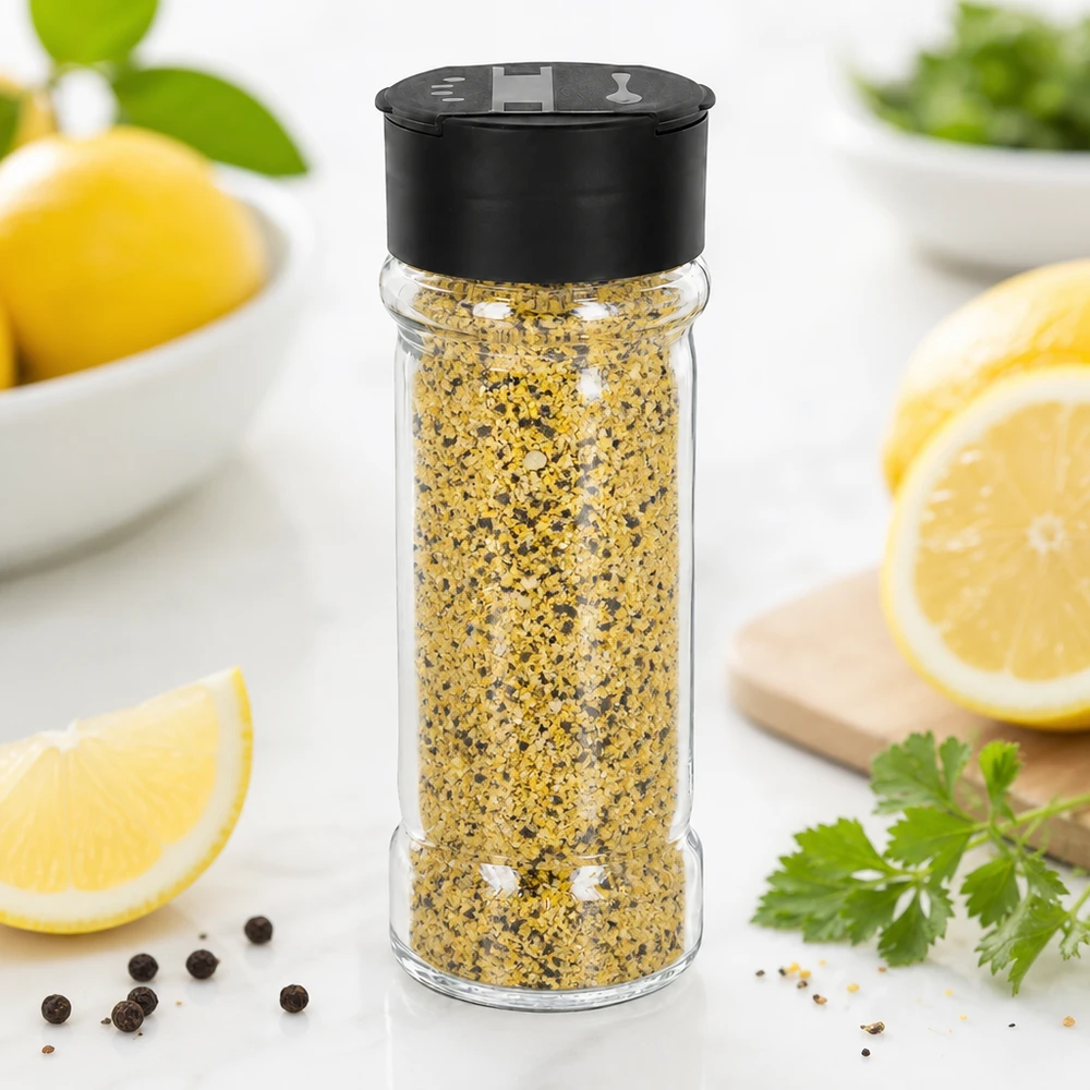 Kleine glazen strooifles van 100 ml met een zwarte kunststof dop voor tafelkruiden