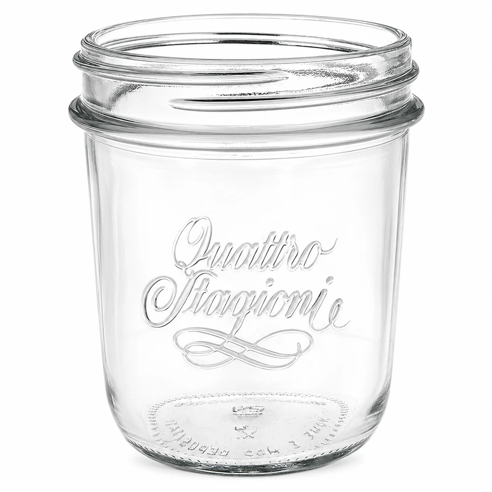 Lege 320 ml Quattro Stagioni bekers met QS86mm draad en elegante letters voor conserveren en inblikken