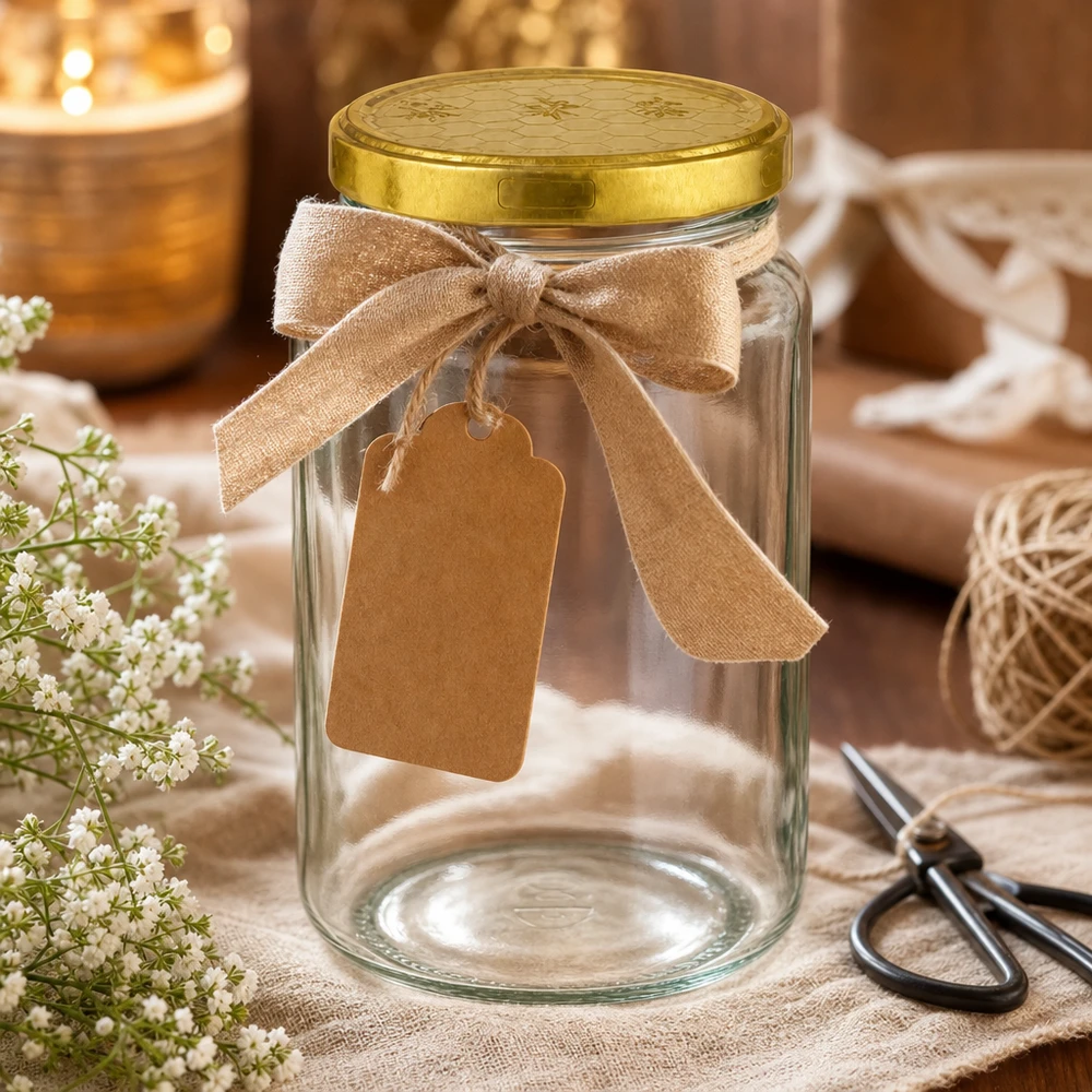 795ml rond glas met BasicSeal deksel Honingraat UNiTWIST 795ml ronde pot met gouden honingraatdeksel als geschenkverpakking versierd met strik en hanger