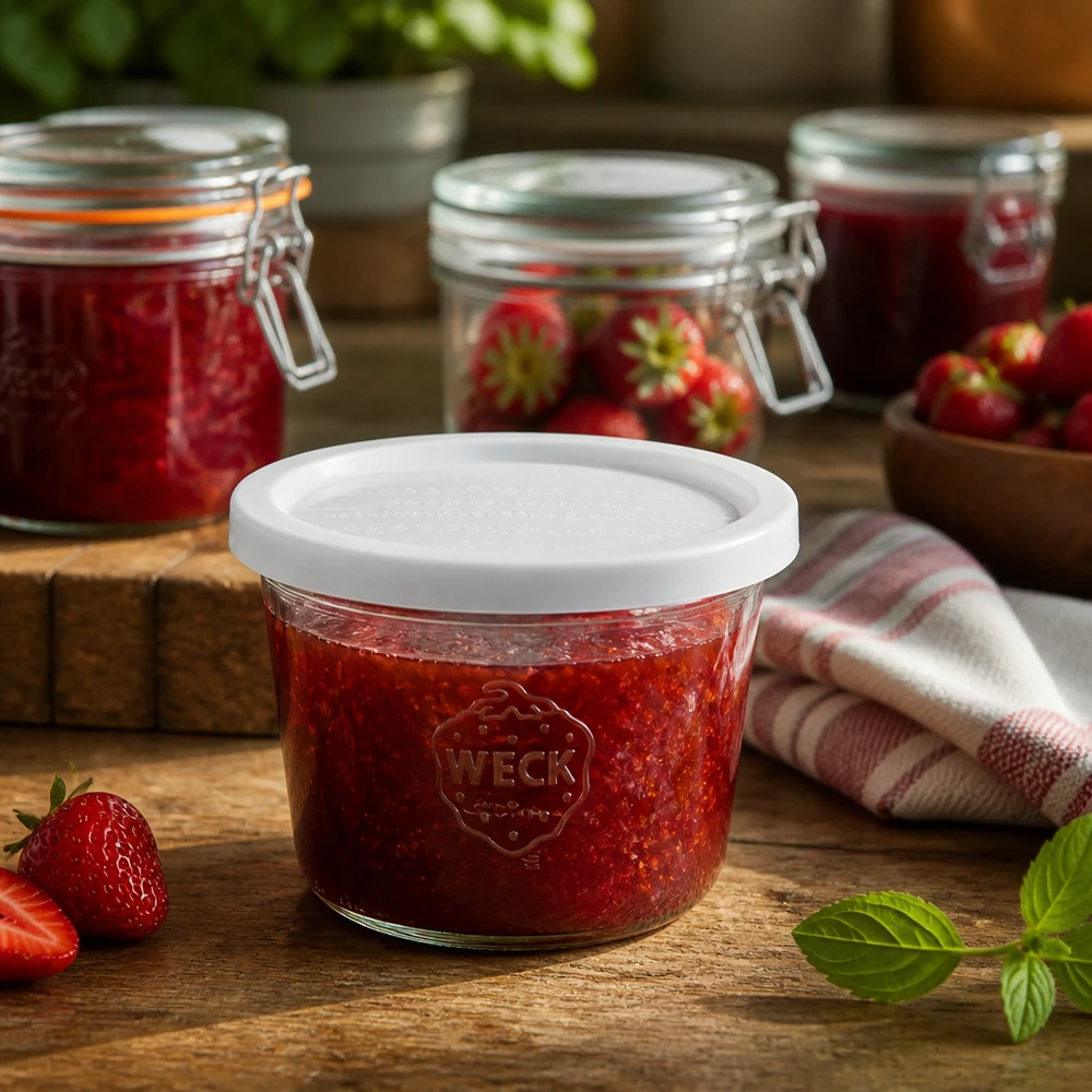 WECK 370 ml RR100 pot gevuld met aardbeienjam in een rustieke keuken naast verse aardbeien en inmaakpotten