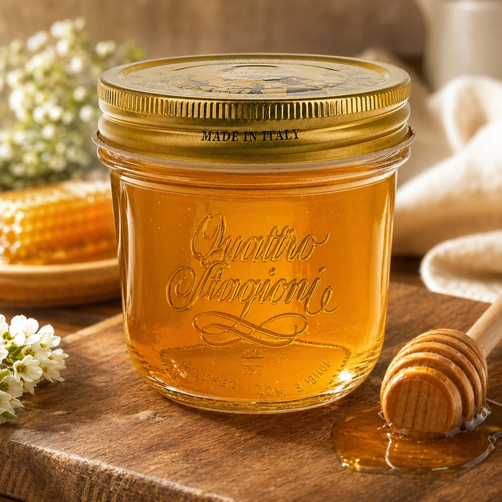 200ml Quattro Stagioni bekers met gouden deksel gevuld met honing op een houten tafel met honinglepel en bloemen