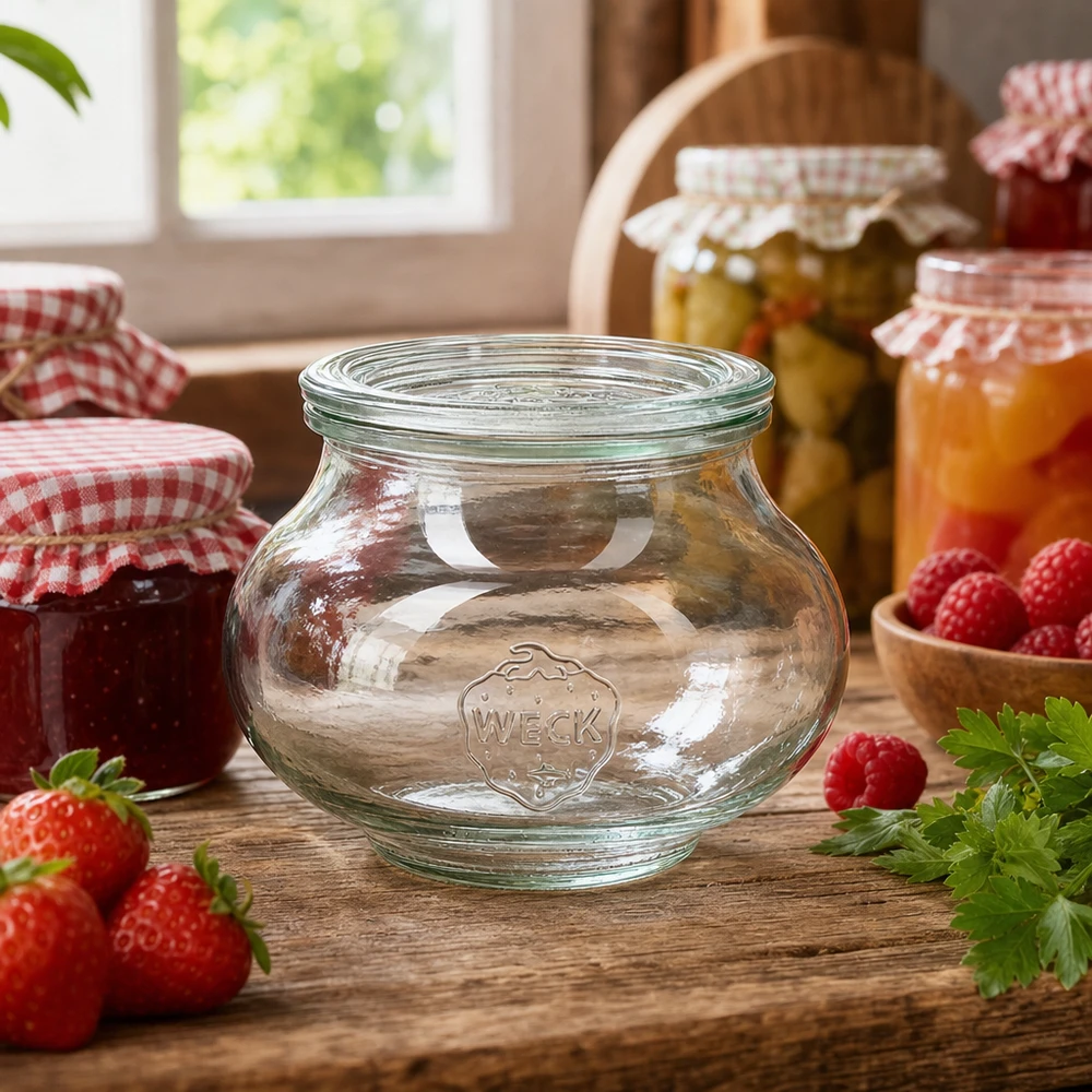560 ml sierpot met glazen deksel WECK RR80 WECK RR80 inmaakpot 560 ml in rustieke keuken versierd met jam, fruit en andere voorraadpotten