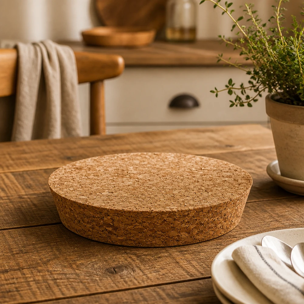 Kurk voor opening 94mm WECK RR100 (ø90/104, H=20mm) WECK RR100 kurk detailopname op houten tafel met keukengerei en kruidenpot natuurkurk deksel 20mm hoogte
