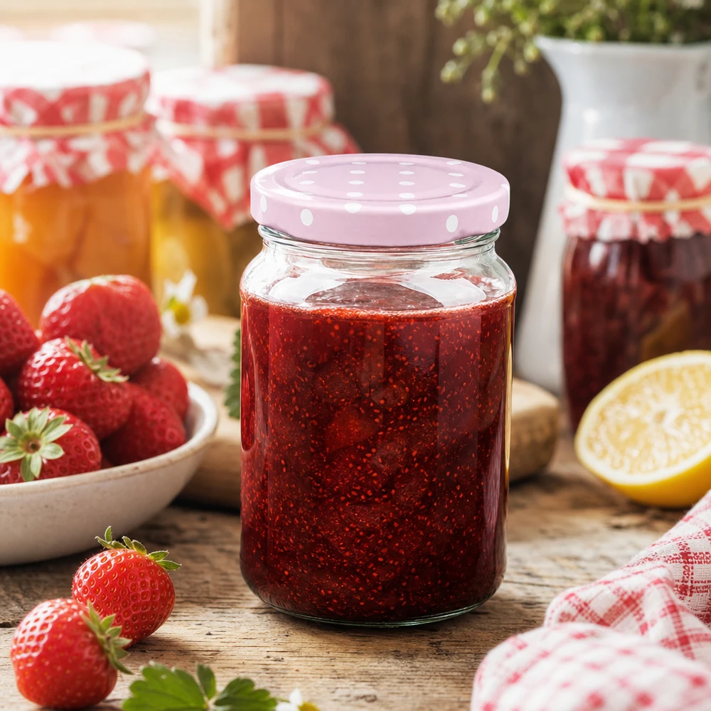 205 ml ronde pot met roze BasicSeal gestippeld deksel gevuld met aardbeienjam tussen verse aardbeien op een houten tafel
