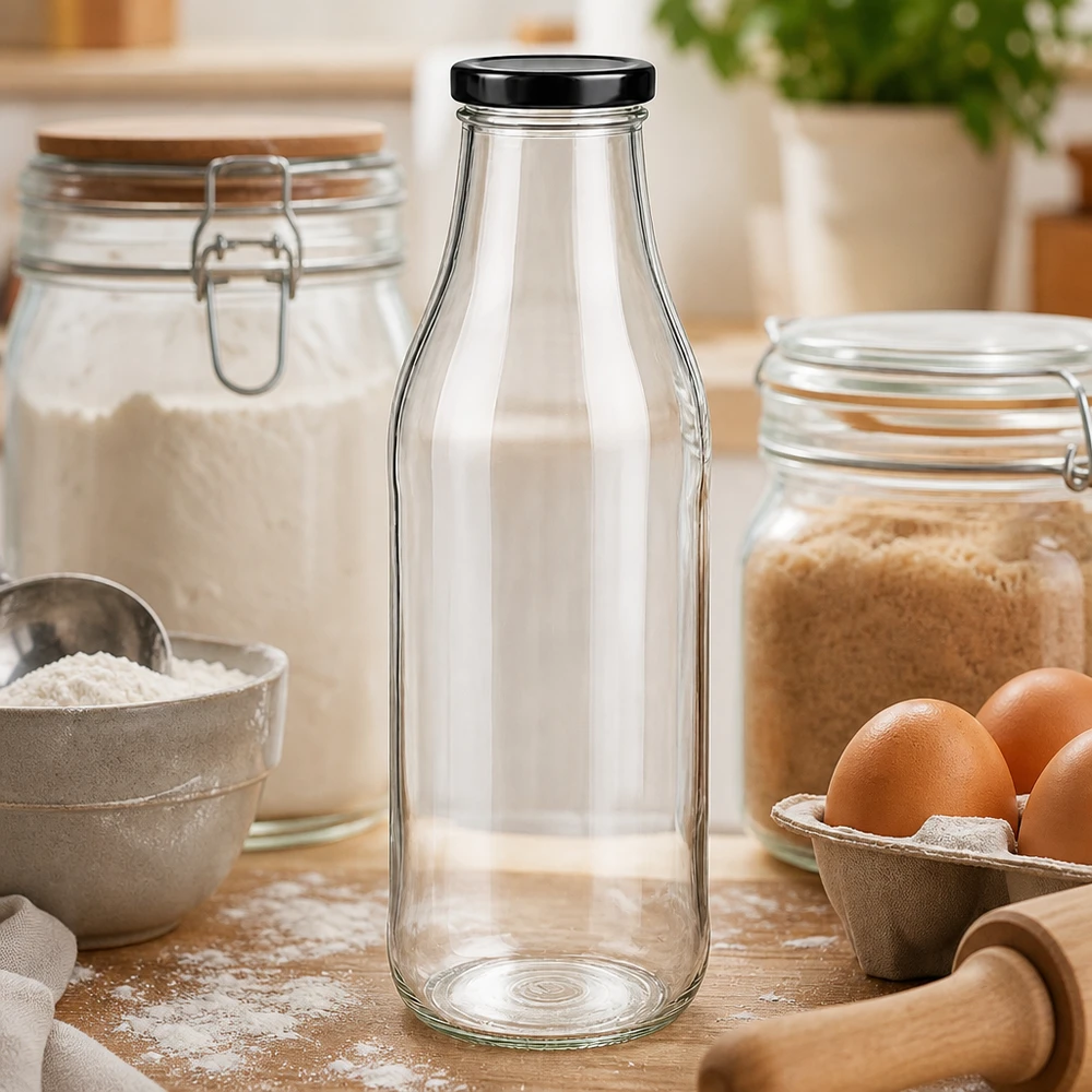 1000ml fles met BasicSeal deksel zwart UNiTWIST 1000ml glazen fles leeg op houten tafel tussen bakingrediënten, eieren en bloem als keukengerei