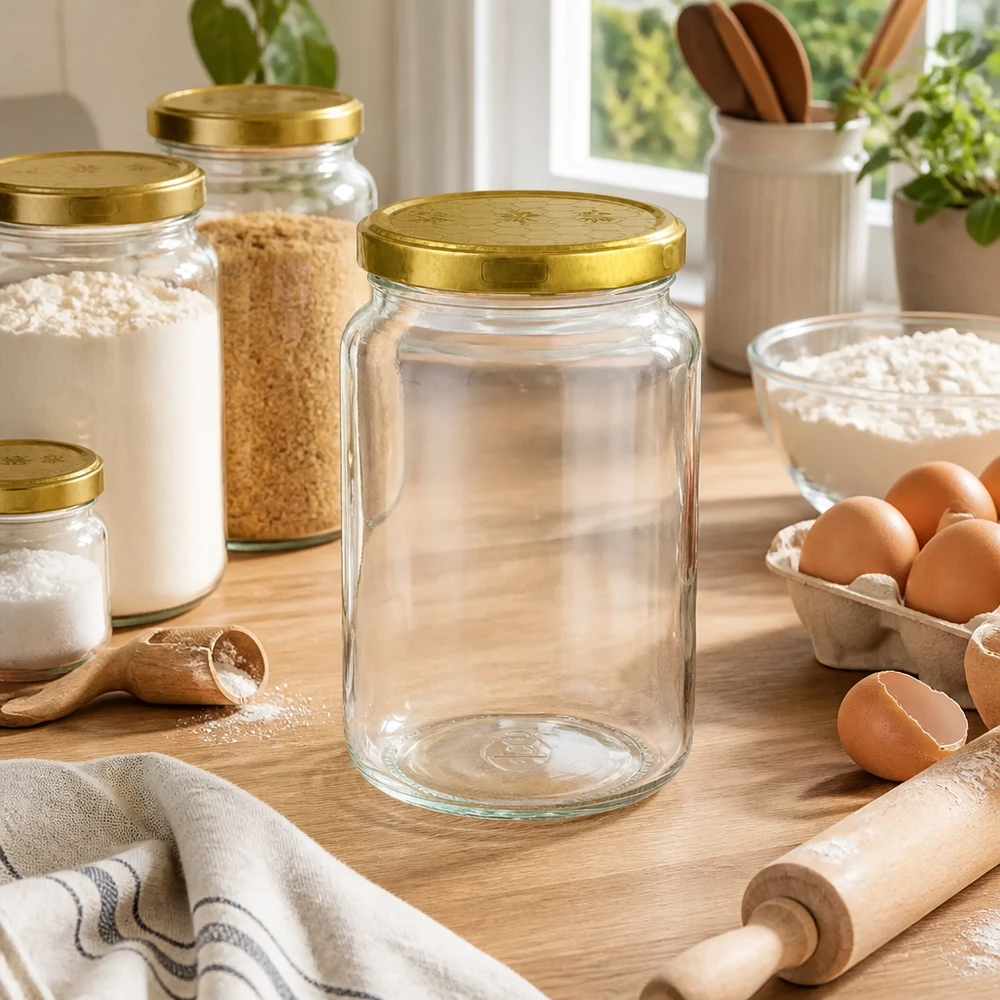795ml rond glas met BasicSeal deksel Honingraat UNiTWIST Lege ronde pot van 795 ml met gouden honingraatdeksel in keukenscène met eieren en bakingrediënten