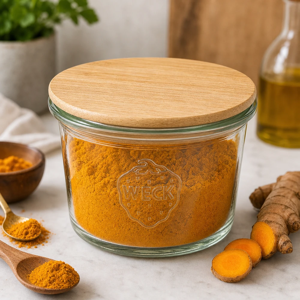 WECK mini glazen potje 35ml met houten deksel gevuld met kurkumapoeder in de keuken naast verse kurkumawortels en specerijen