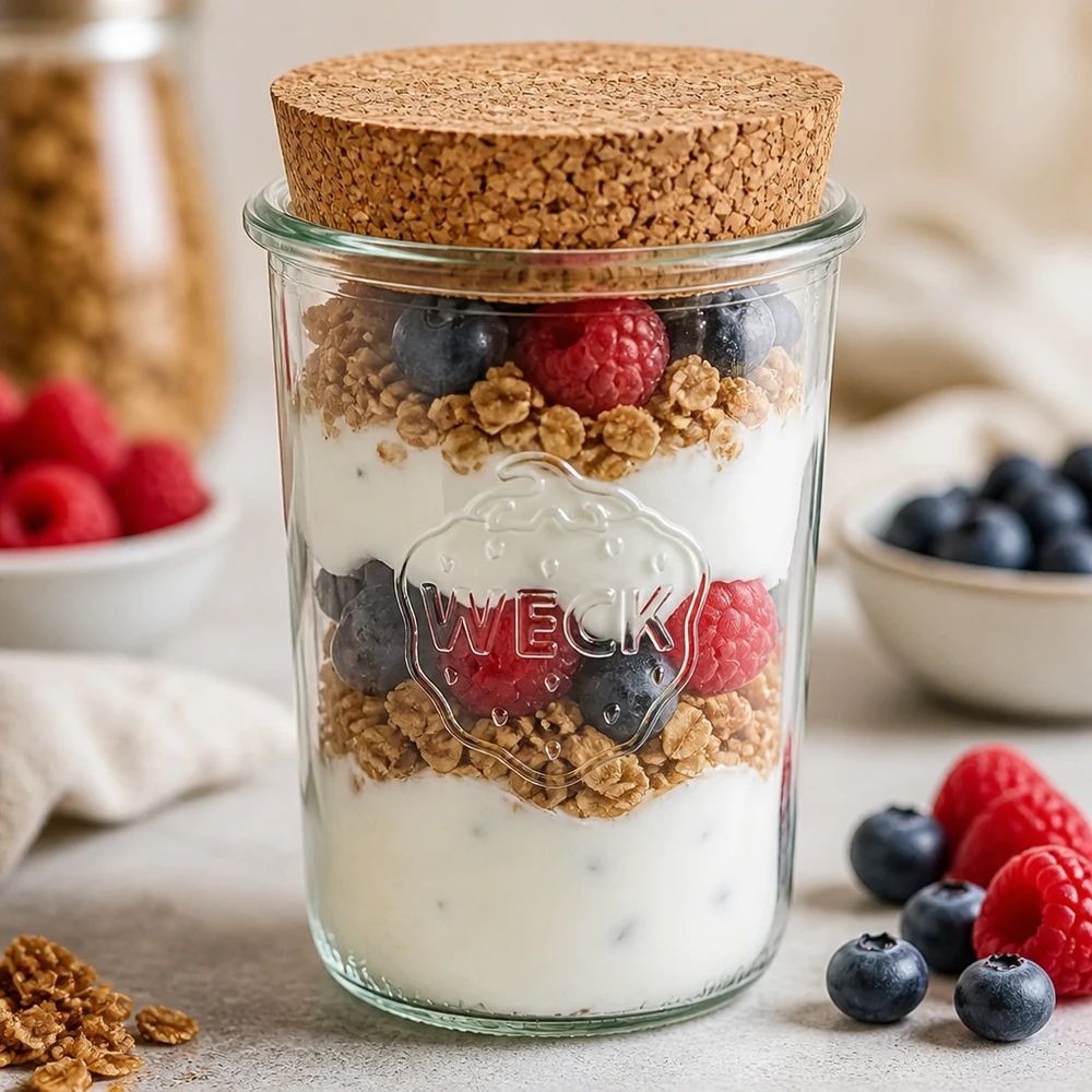WECK bekers 850ml RR100 met kurk als yoghurt parfait pot met bessen granola en natuurlijke yoghurt gelaagd dessert