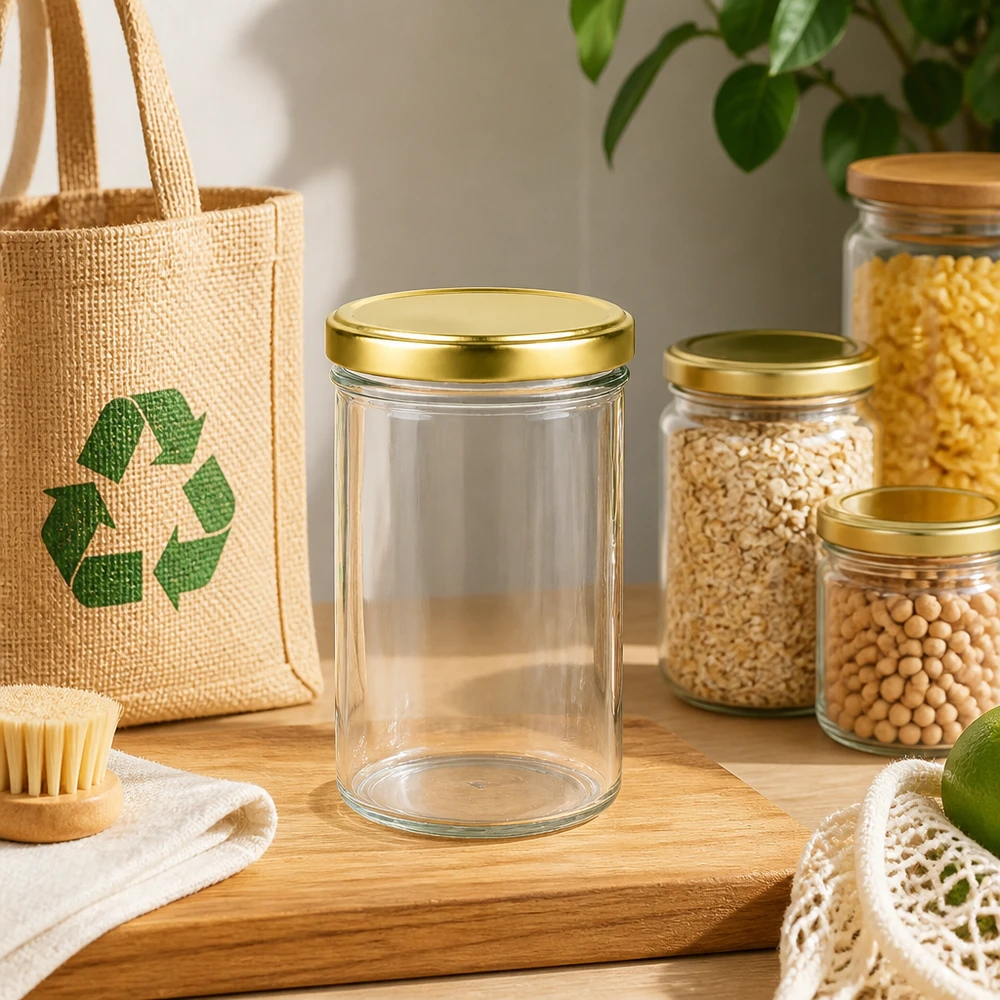 435ml bekers met BasicSeal deksel goud UNiTWIST 435 ml UNiTWIST bekers met gouden deksel in duurzame zero-waste keuken met jutezak en voorraadpotten