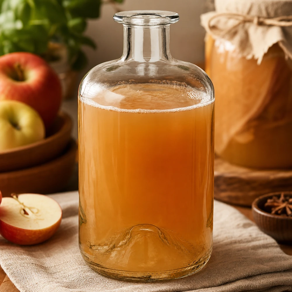 500 ml Apothekersfles 500ml Glasflasche "Luna" ohne Verschluss UNiTWIST zonder sluiting UNiTWIST® Apothekersfles Luna 500ml gevuld met appelsap naast verse appels en kruiden als natuurlijke keukendecoratie