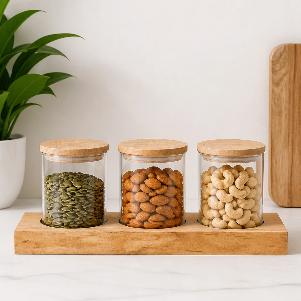 Plano3 serveerplank met WECK potten vol noten en zaden - pompoenpitten, amandelen, cashewnoten in een moderne sfeer
