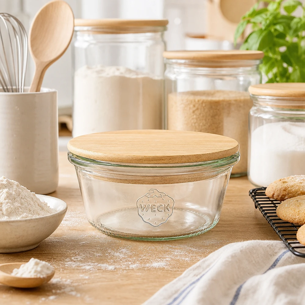 WECK bekers 290ml RR100 met bamboe houten deksel in bakkerijkeuken met meel, koekjes en opbergorganisatie