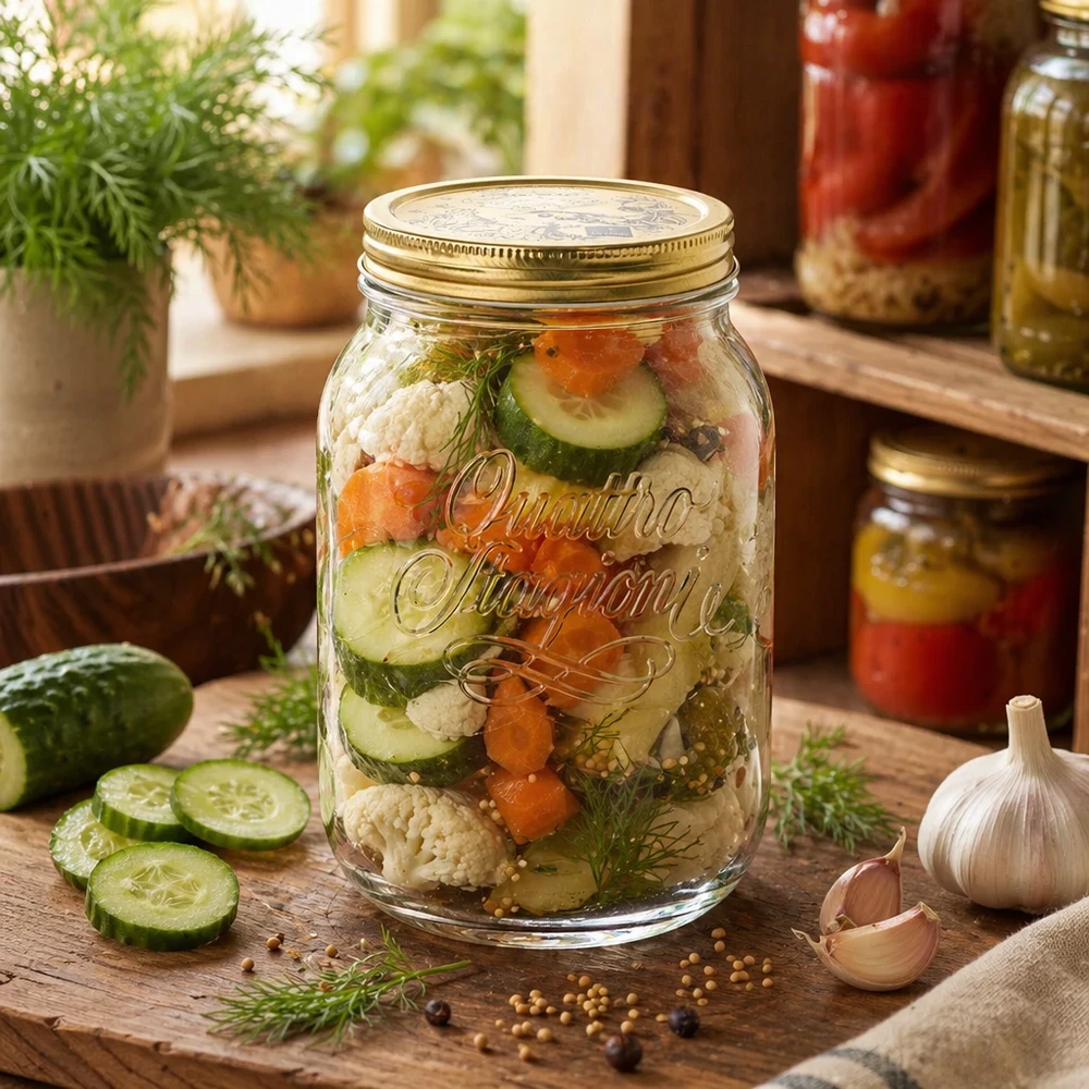 2000 ml rond glas "Quattro Stagioni" met deksel Quattro Stagioni inmaakpot van 2 liter met ingemaakte groenten en dille - traditionele conservering met augurken en bloemkool