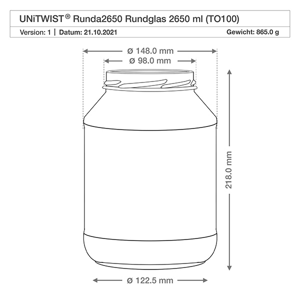 2650ml rond glas zonder deksel (TO100) UNiTWIST Technische tekening UNiTWIST Runda2650 trommels 2650ml met afmetingen diameter 148mm hoogte 218mm TO100