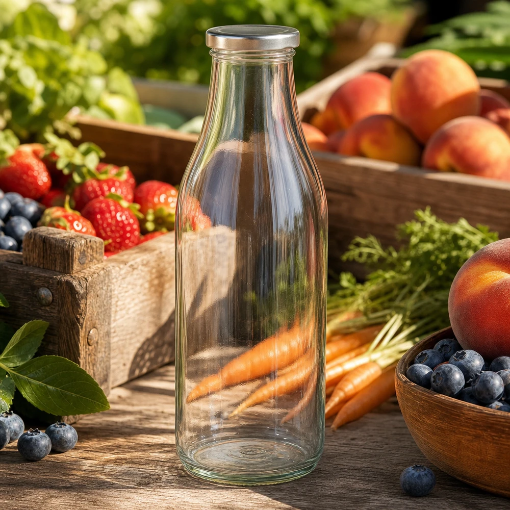 1000ml fles met BasicSeal deksel zilver UNiTWIST 1000ml glazen fles BasicSeal zilver tussen vers fruit en groenten op houten tafel natuurlijke marktkraam sfeer