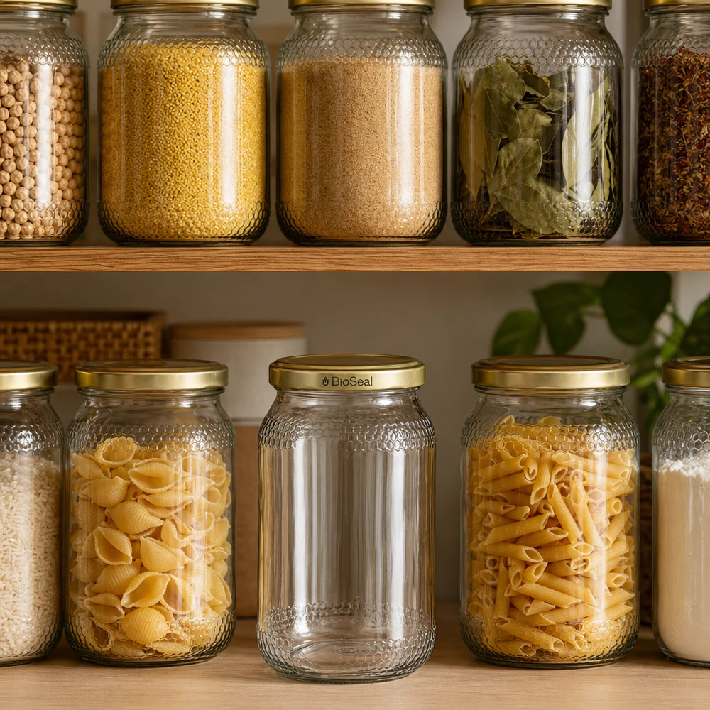 Honingpot 1260 g met gouden BioSeal UNiTWIST-deksel 900ml honingpot met BioSeal deksel goud in georganiseerde voorraadkast tussen pasta kruiden granen voorraadkast