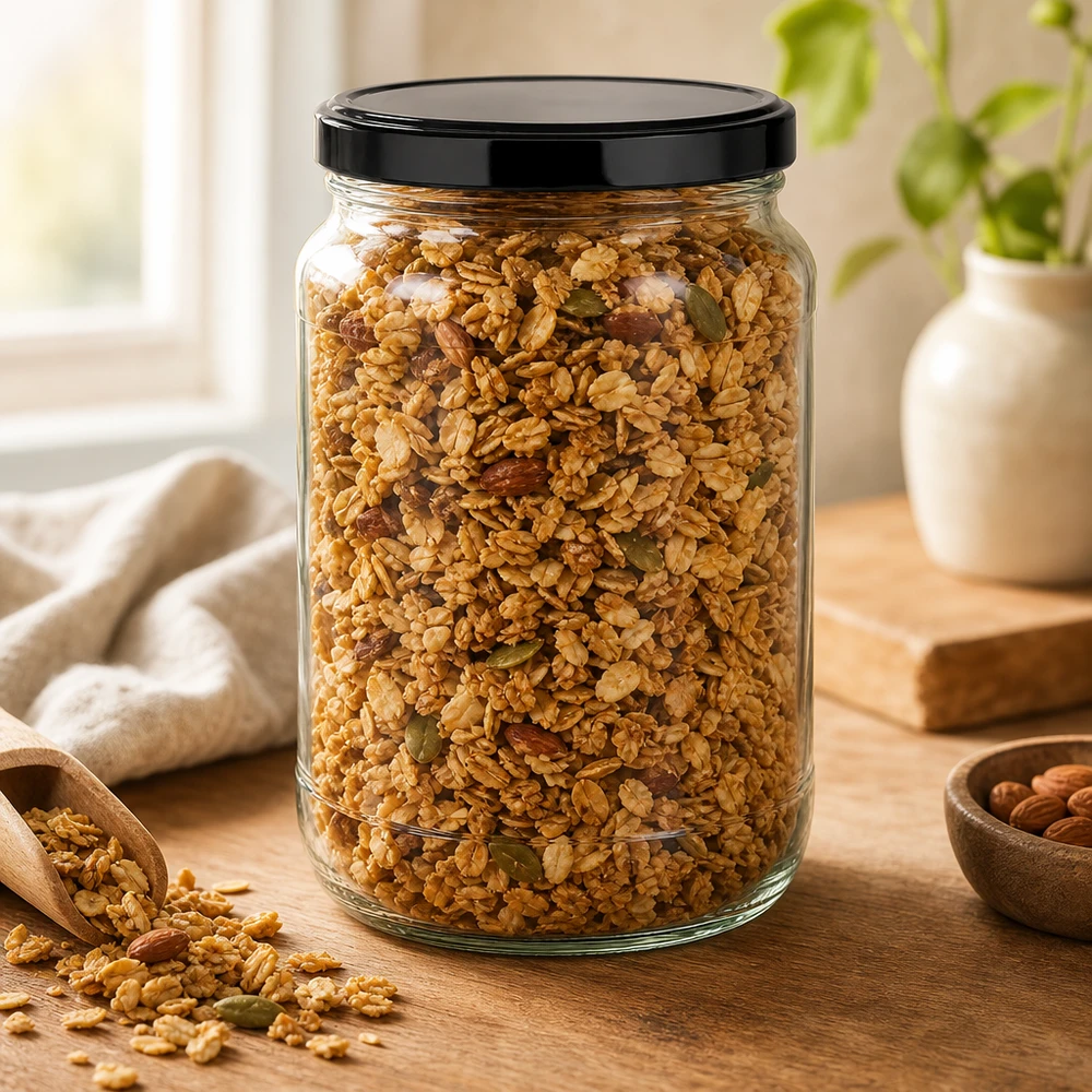 1700ml rond glas met BasicSeal deksel zwart UNiTWIST Muesli Granola in 1700ml ronde pot zwart BasicSeal deksel houten schep noten granen opslag